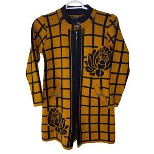 Vintage Poulrok Womens Large Sweater Jacket Knit Full Zip Yellow Black Rose Wool